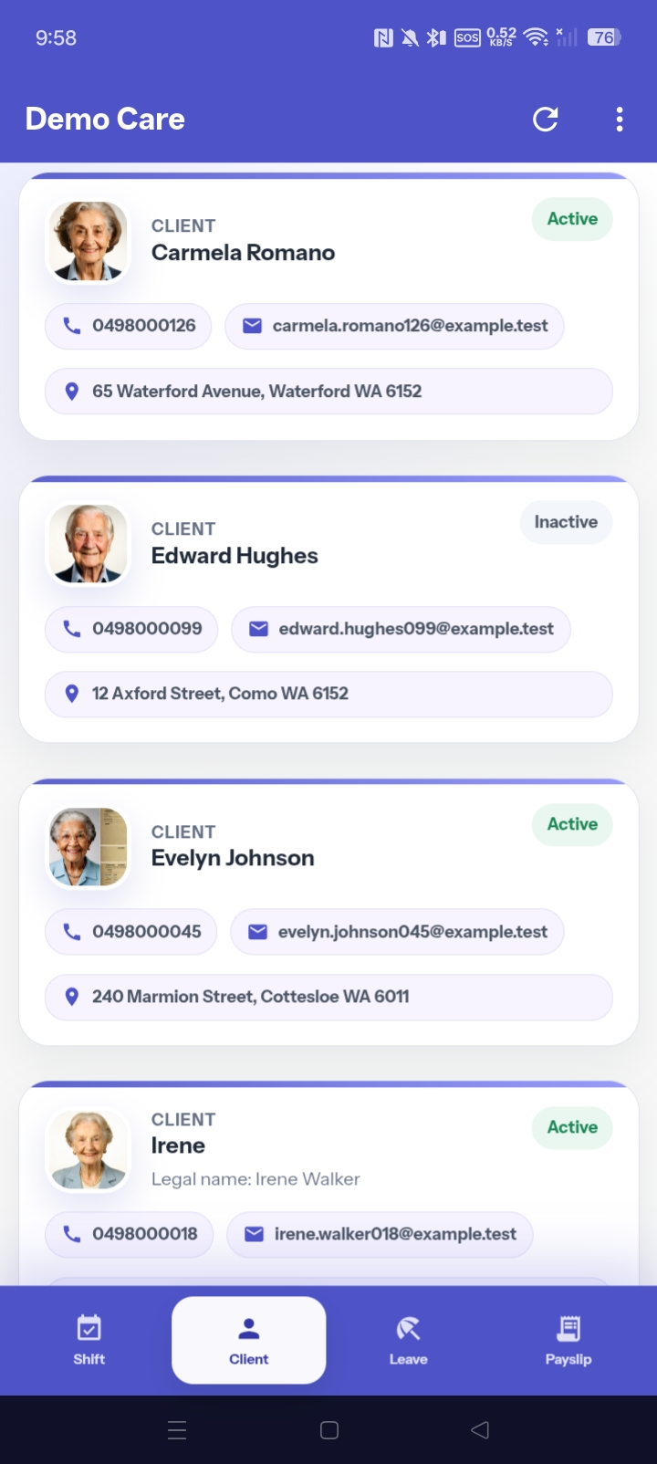 ServiceLink support worker app client list with contact details and client status
