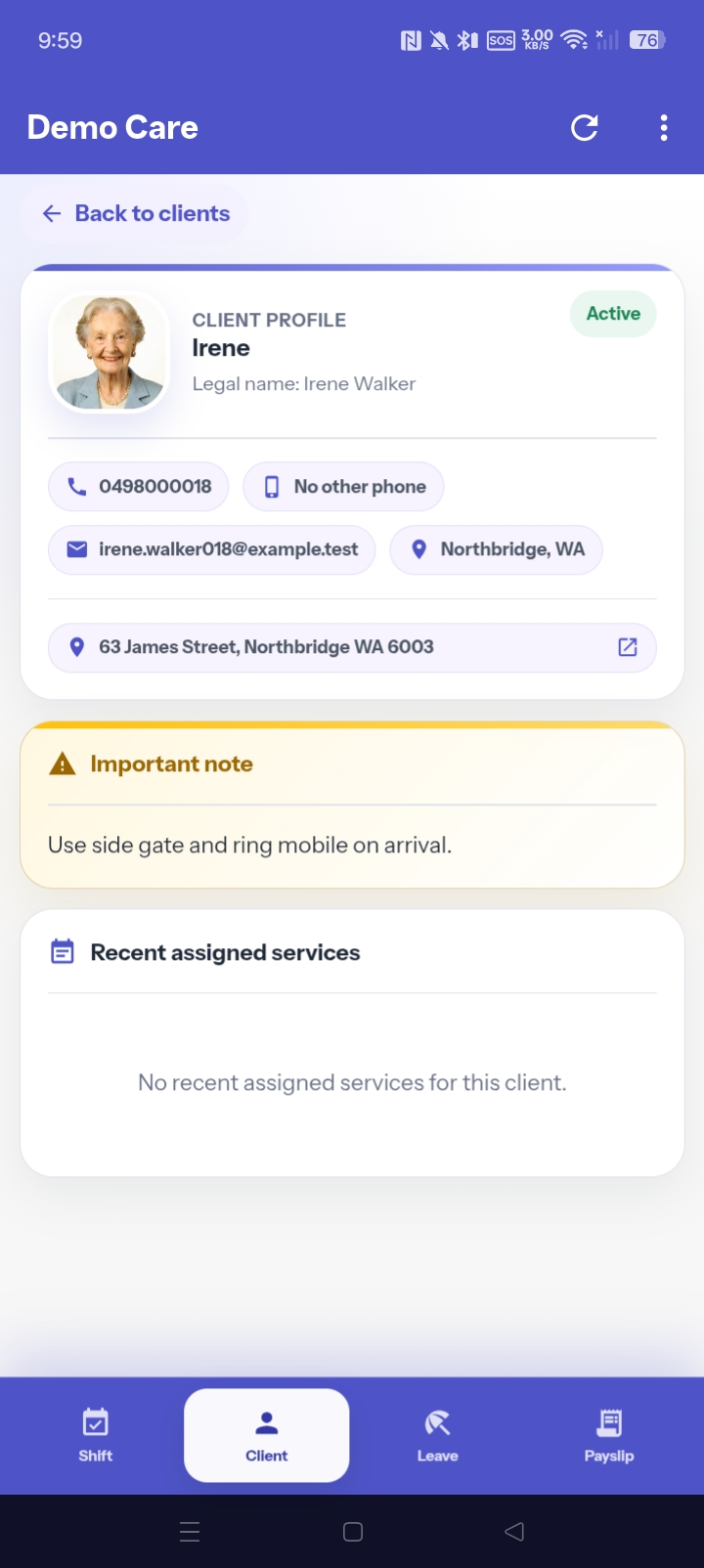 ServiceLink support worker app client profile showing important note and recent assigned services
