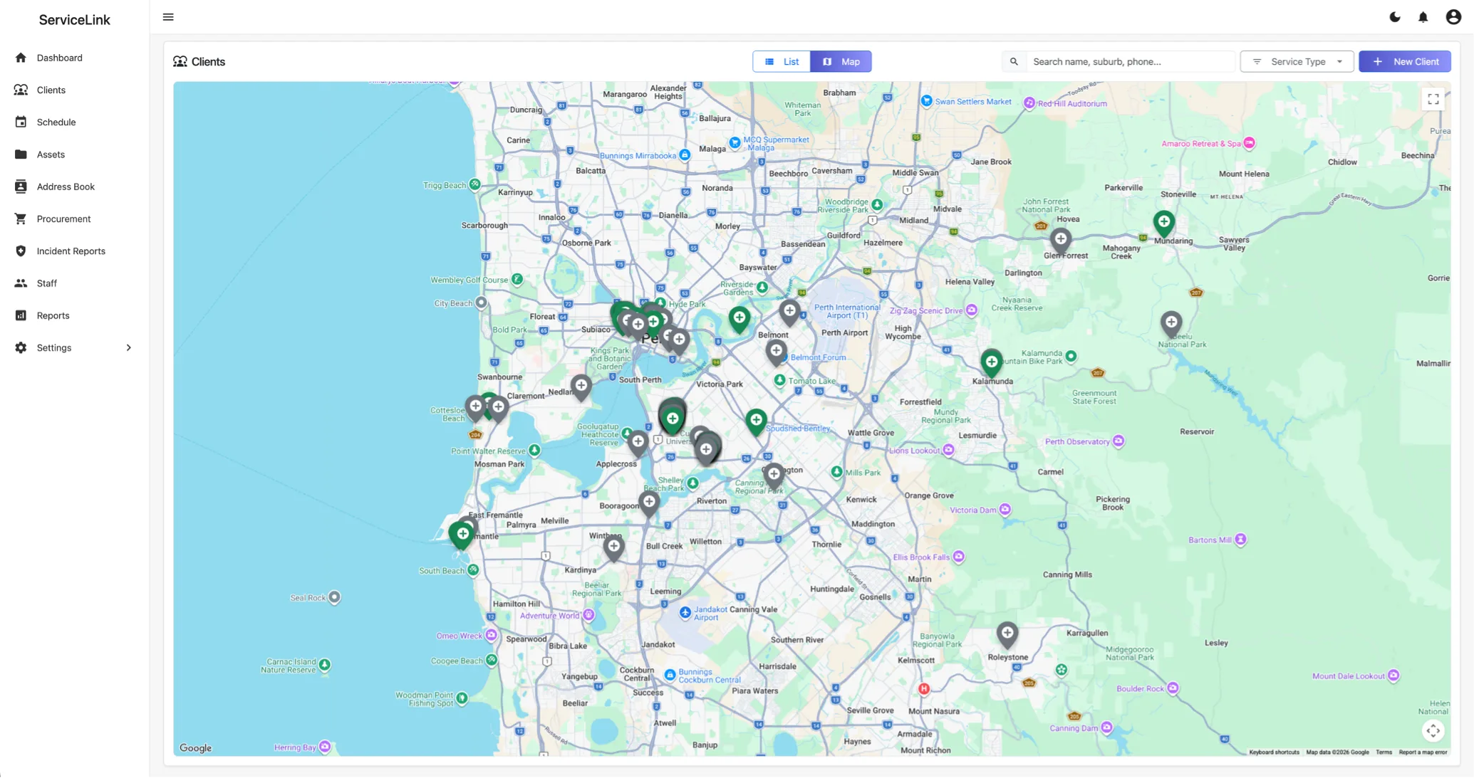 ServiceLink map showing clients across the Perth metropolitan area