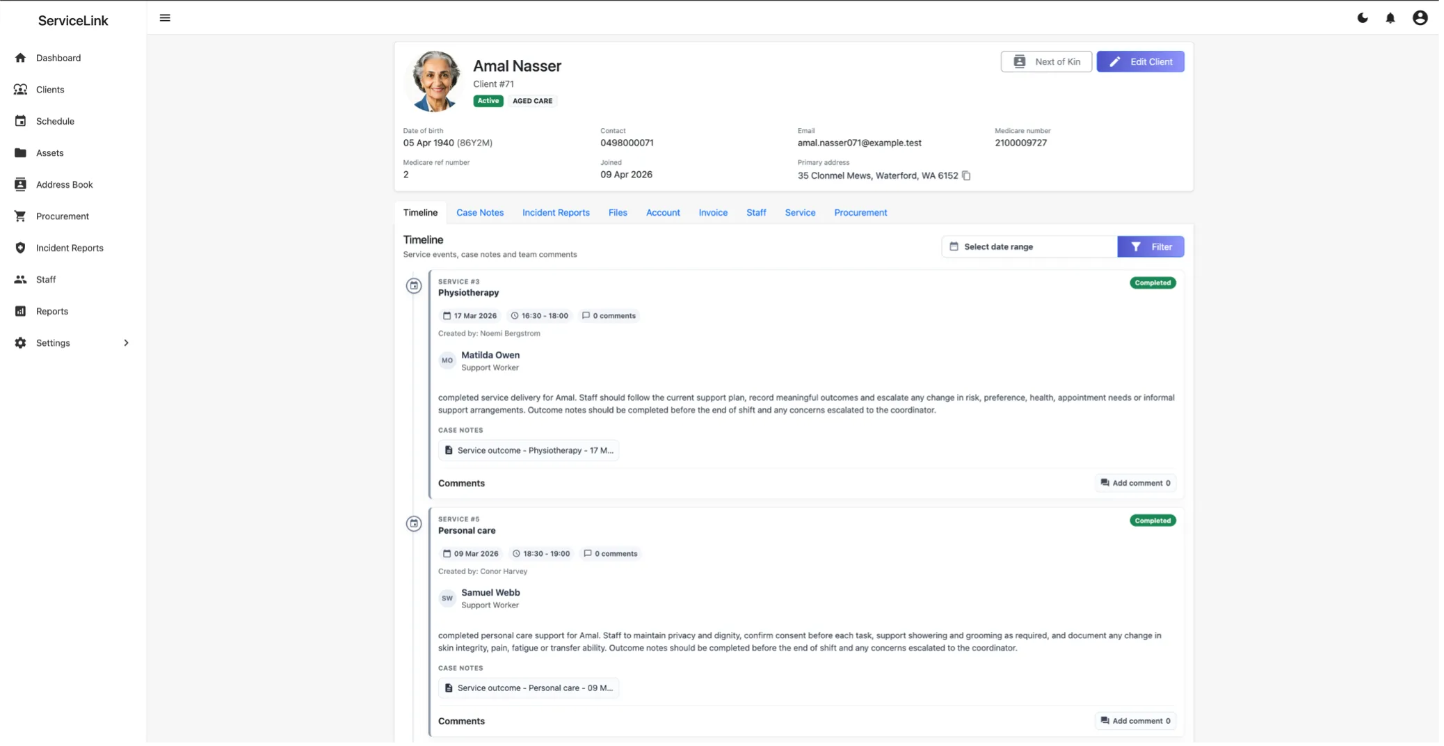 ServiceLink client profile showing a service timeline, case notes and connected client information