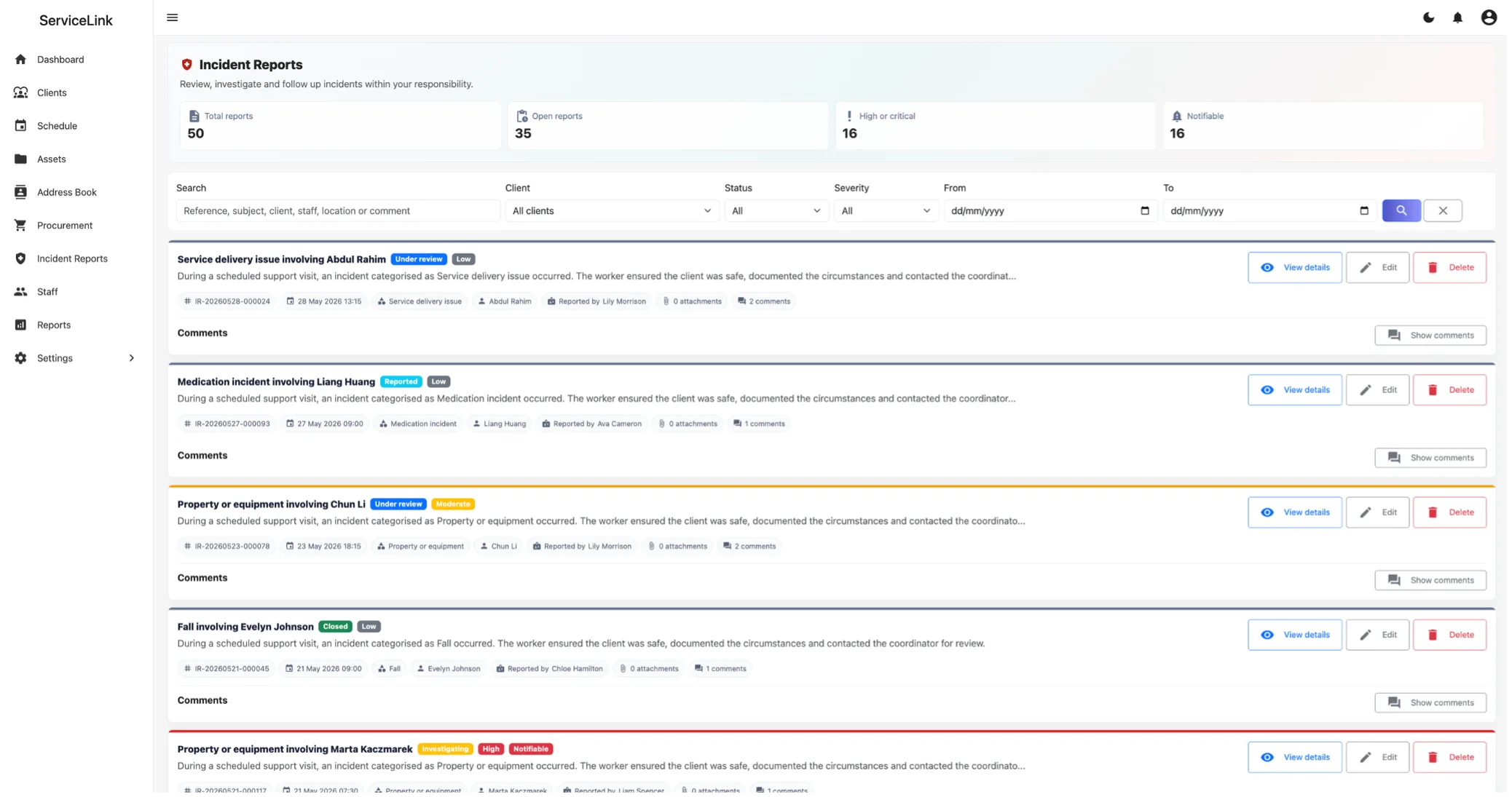 ServiceLink incident report management screen