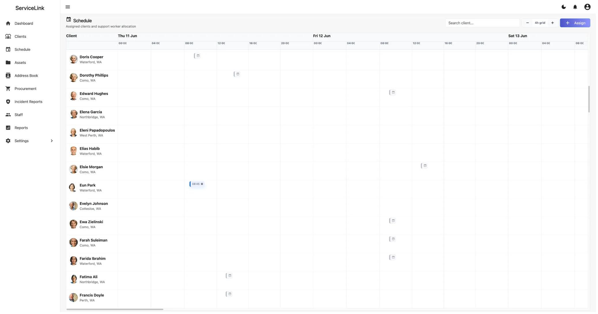 ServiceLink visual schedule showing clients and service allocation across several days