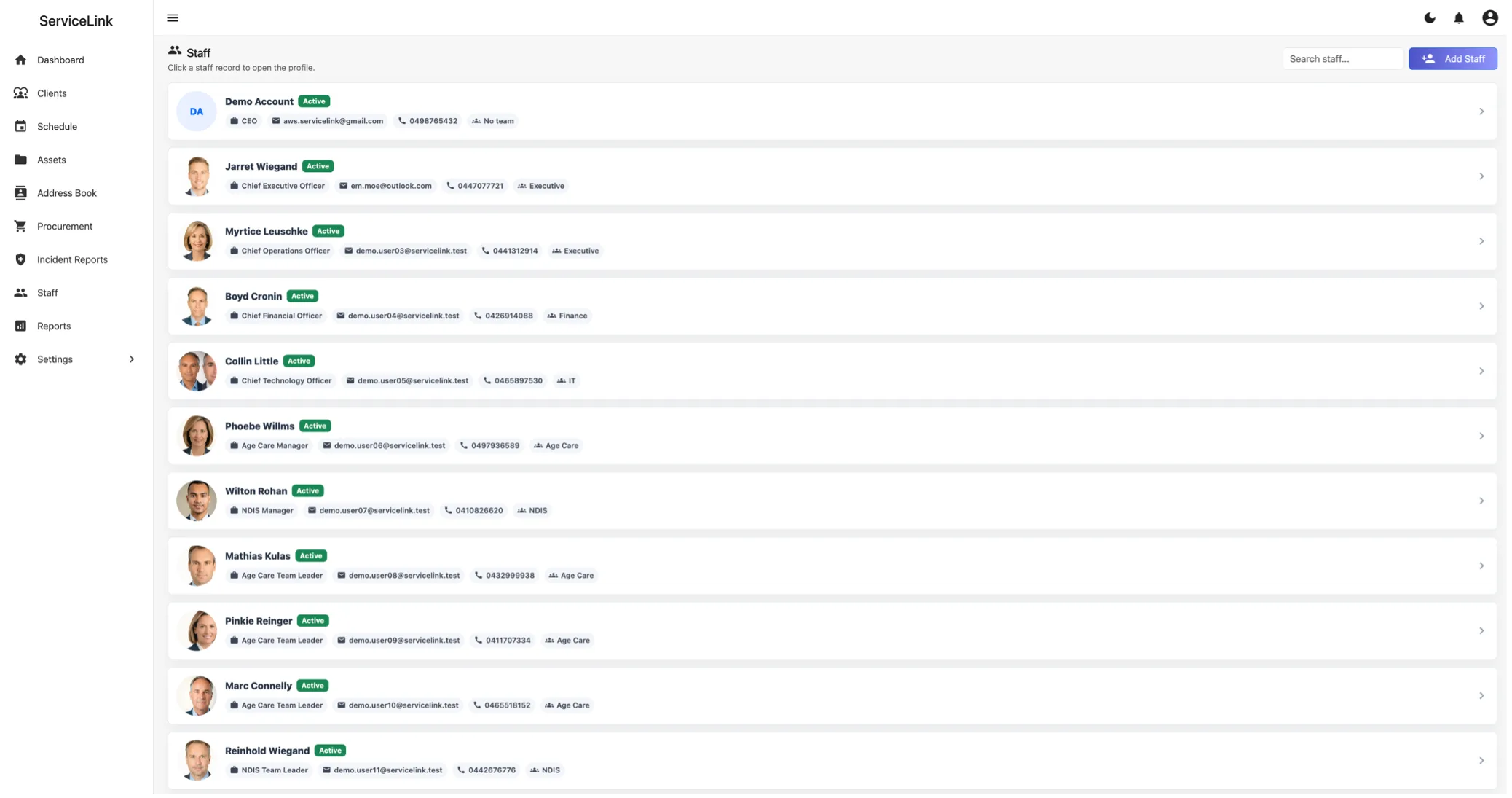 ServiceLink staff directory showing team members and roles