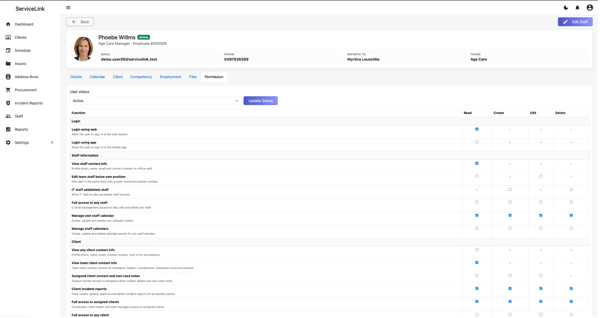 ServiceLink role-based staff permission settings