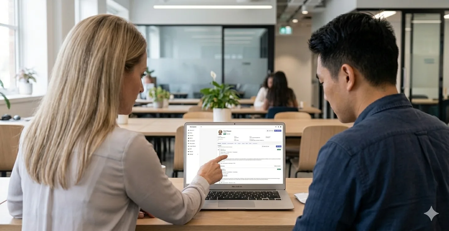 Two team members reviewing a ServiceLink client profile