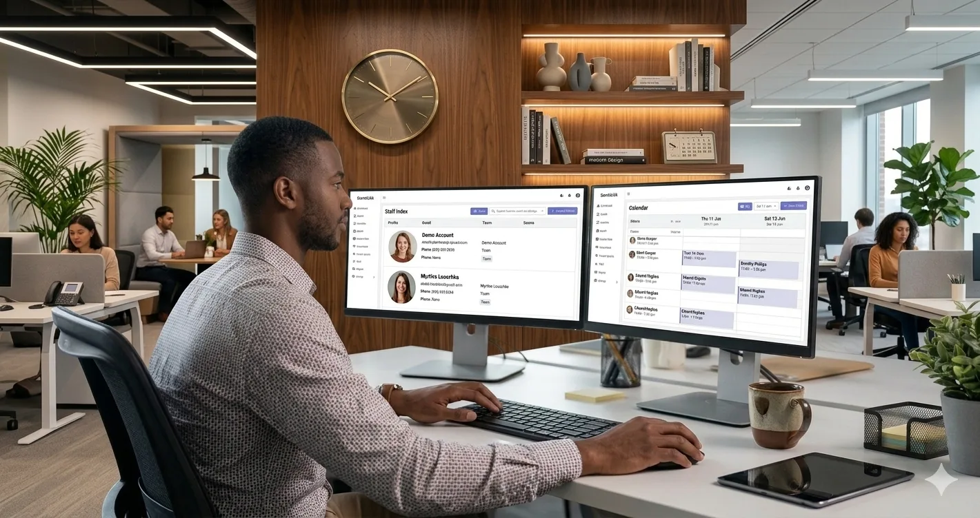Service coordinator using ServiceLink staff and calendar screens in an office